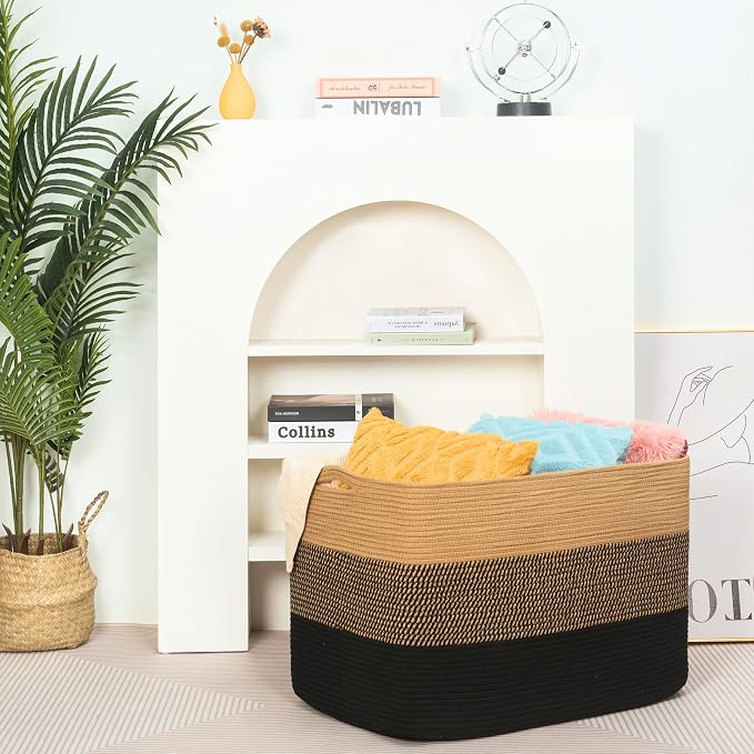 MINTWOOD Design 112L Extra Large Blanket Basket Holder Living Room, 25"x17"x16" Rectangle Rope Woven Storage Basket with Handles for Laundry, Pool Towels, Shoes, Dog Toy Organizer Bin Box, Black Jute - Image 6