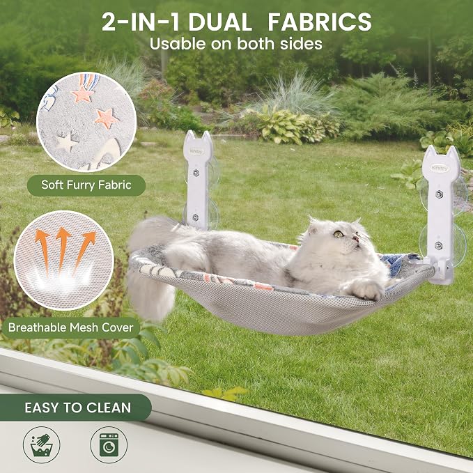 HiPetpy 2-Pack Large Cat Window Perch, Cordless Foldable Cat Hammock | Glow in the dark fabric, removable soft cover, breathable mesh, suction cups, large window cat bed for indoor cats - Image 2