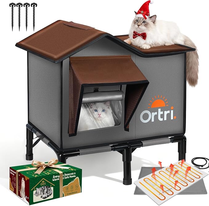 Outdoor Heated Cat House for Outside: Winter Insulated Weatherproof 20"×14.3"×20.5" Shelter with Heating Pad for Feral Kitty Foldable Out Door Elevated Warm Pet Bed with Extra Large Warming Cathouse by Afullrangeofservicesfory