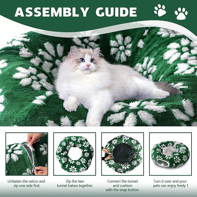 Cute Round Cat Tunnel for Indoor Cats, Green Flower | Peekaboo Cat Cave with Dangling Balls, Pet Donut Tunnel Bed with Circle Mat for Puppy Kitten Rabbit - Image 7