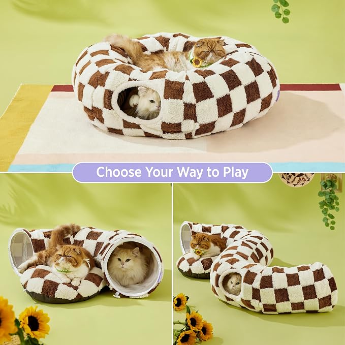 Lesure Donut Cute Jacquard Cat Tunnel Bed Kitten Toys for Puppy Bunny | 33.5x33.5x10in,Round Cat Bed Tube for Indoor Cats Rabbit Dog,Pet Peekaboo Cave Toy,Spiral Hideaway,Washable Cushion,Brown - Image 2