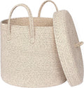 15”x13” Storage Basket with Lid, Blanket Storage for Living Room, Woven Cotton Rope Bin with Cover, Kids Dog Toy Box, Baby Laundry Basket with Lid, Covered Blankets Pillows Holder, Brown by HONCESTA