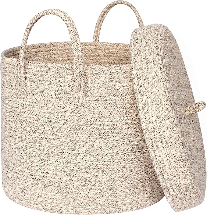 15”x13” Storage Basket with Lid, Blanket Storage for Living Room, Woven Cotton Rope Bin with Cover, Kids Dog Toy Box, Baby Laundry Basket with Lid, Covered Blankets Pillows Holder, Brown by HONCESTA