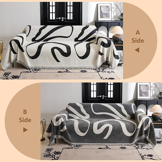 MYSKY HOME Boho Couch Cover Super Soft Couch Covers for 2-3 Cushion Couch Sofa, Modern Black Jacquard Sofa Slipcover Loveseat Futon Cover, Couch Covers for Sectional Sofa, 71" x 134", Black Curve - Image 3