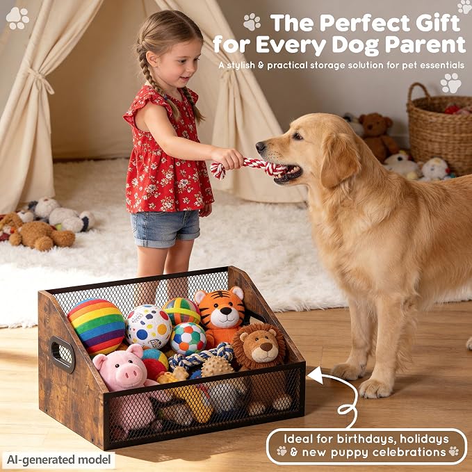 Piskyet Wood Dog Toy Bin, Dog Toy Box(Rustic Brown) | Wood Dog Toy Basket,Dogs Storage Organizer, Large Cat Toys Basket Box for Living Room Area Wooden Organizing Storage - Image 5