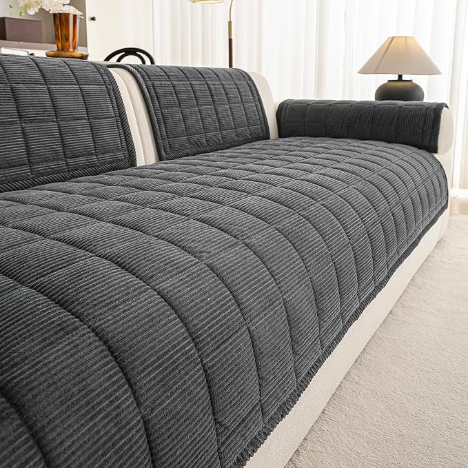 Couch Covers for Sectional Sofa, L Shaped Modular Couch Cover | 35”x63” Dark Grey Velvet Non Slip Sofa Covers Washable for Loveseats, Couch Protect Against Pet Hair, Scratches & Stains by PJLZJFBY