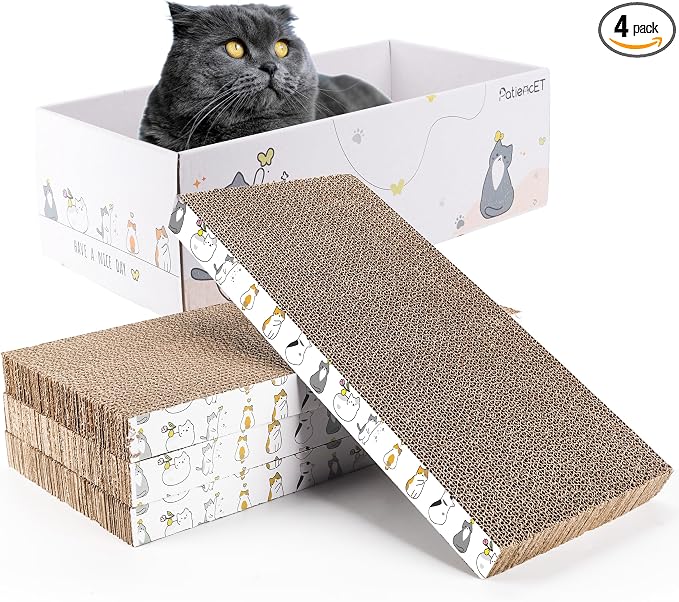 PatiencET Cat Scratch Pad with Box, 4 Pack Cardboard Scratcher Lounge Bed | For Indoor Cats, Reversible Corrugated Scratching Board Refill, With Catnip, Furniture Protector by patiencET