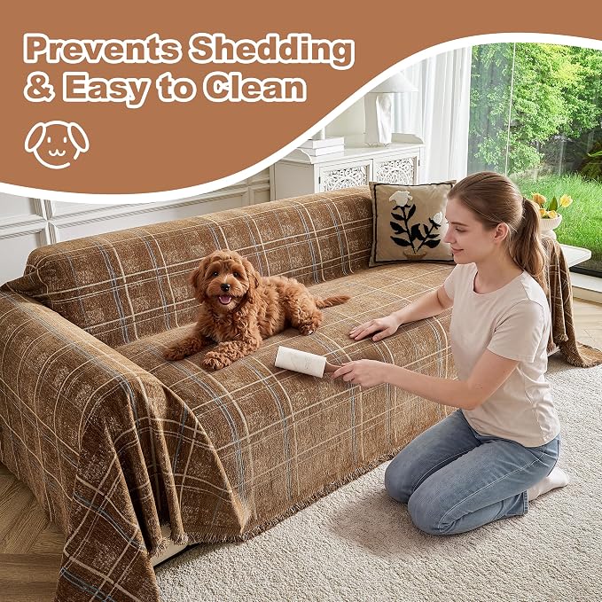 Couch Cover for Dogs Washable Sofa Cover, Sectional Couch Covers, Sofa Covers for 2 Cushion Couch, Non Slip Stripe Sofa Slipcovers Furniture Protector (Brown Checkered 91x150) - Image 6