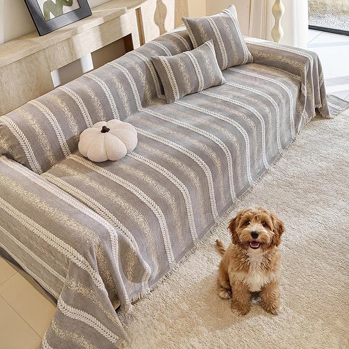 Couch Cover for Dogs Washable Sofa Cover, Sectional Couch Covers, Sofa Covers for 2 Cushion Couch, Non Slip Stripe Sofa Slipcovers Furniture Protector (Light Grey, 71 * 150) by Unknown