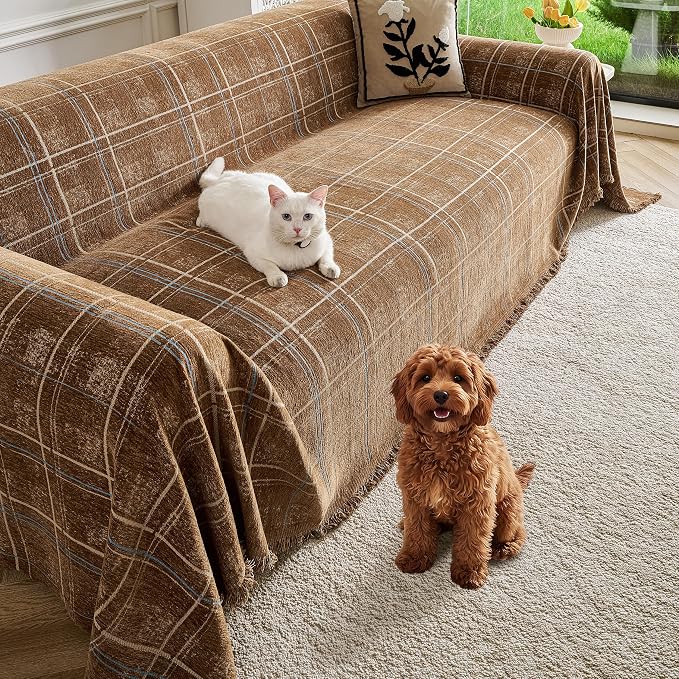 Couch Cover for Dogs Washable Sofa Cover, Sectional Couch Covers, Sofa Covers for 2 Cushion Couch, Non Slip Stripe Sofa Slipcovers Furniture Protector (Brown Checkered 91x150) by Unknown