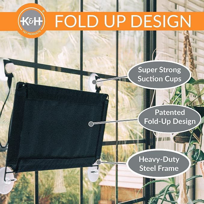 K&H Cat Window Perch, EZ Mount Double Stack Kitty Sill For Large Cats, Gray | Sturdy Cat Window Hammock Bed, Fits 27in Wx31in H Glass Spaces, Steel Frame & Suction Cups, 2 Washable Shelf Covers, Foldable - Image 6