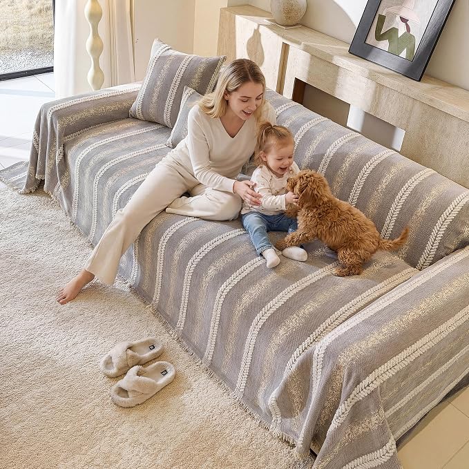 Couch Cover for Dogs Washable Sofa Cover, Sectional Couch Covers, Sofa Covers for 2 Cushion Couch, Non Slip Stripe Sofa Slipcovers Furniture Protector (Light Gray, 91 * 118) - Image 3
