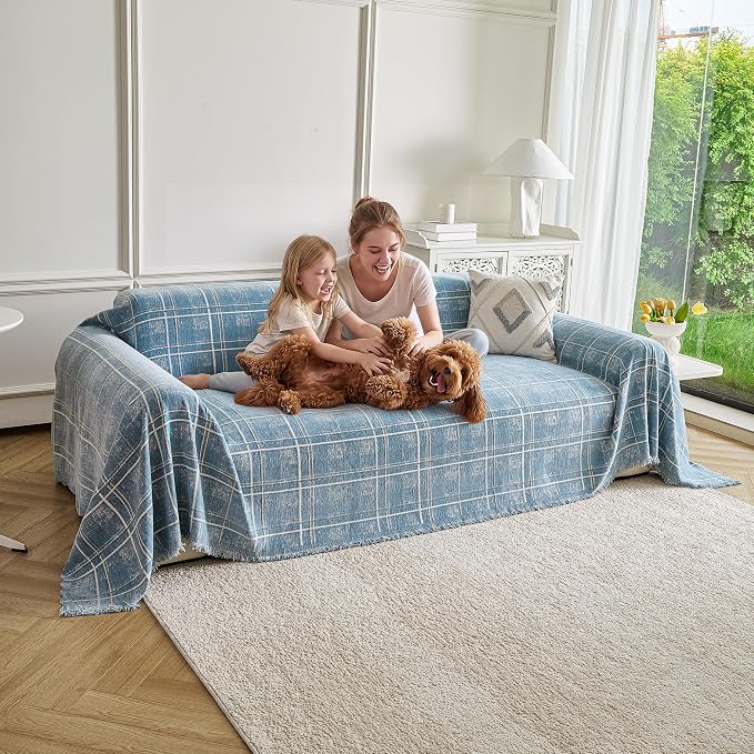 Couch Cover for Dogs Washable Sofa Cover, Sectional Couch Covers, Sofa Covers for 2 Cushion Couch, Non Slip Stripe Sofa Slipcovers Furniture Protector (Blue Checkered 71x118) - Image 9