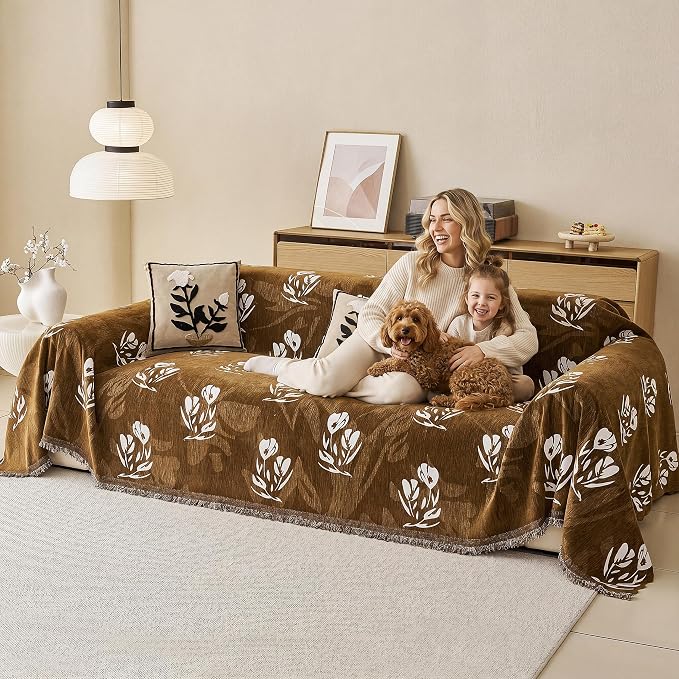 Couch Cover for Dogs Washable Sofa Cover, Sectional Couch Covers, Sofa Covers for 2 Cushion Couch, Non Slip Stripe Sofa Slipcovers Furniture Protector (Floral ‌Brown 91x102) - Image 9