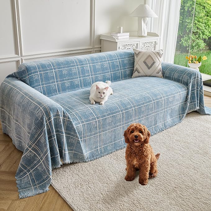Couch Cover for Dogs Washable Sofa Cover, Sectional Couch Covers, Sofa Covers for 2 Cushion Couch, Non Slip Stripe Sofa Slipcovers Furniture Protector (Blue Checkered 71x134) by Unknown