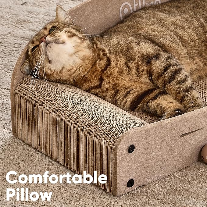 FUKUMARU Large Cat Scratcher Bed, 26 Inch Cat Scratching Bed Sofa Indoor | Cardboard Cat Scratcher with 2 Reversible Scratch Pad Refills, Durable Large Cat Scratching Lounger with Ball Toy, Beige - Image 3