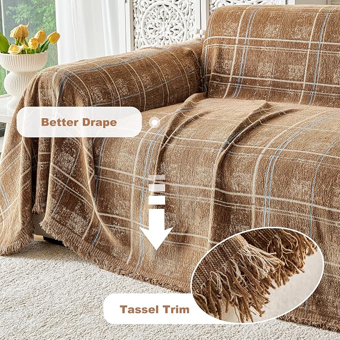Couch Cover for Dogs Washable Sofa Cover, Sectional Couch Covers, Sofa Covers for 2 Cushion Couch, Non Slip Stripe Sofa Slipcovers Furniture Protector (Brown Checkered 91x150) - Image 4