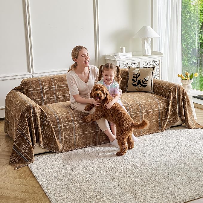 Couch Cover for Dogs Washable Sofa Cover, Sectional Couch Covers, Sofa Covers for 2 Cushion Couch, Non Slip Stripe Sofa Slipcovers Furniture Protector (Brown Checkered 71x134) - Image 9