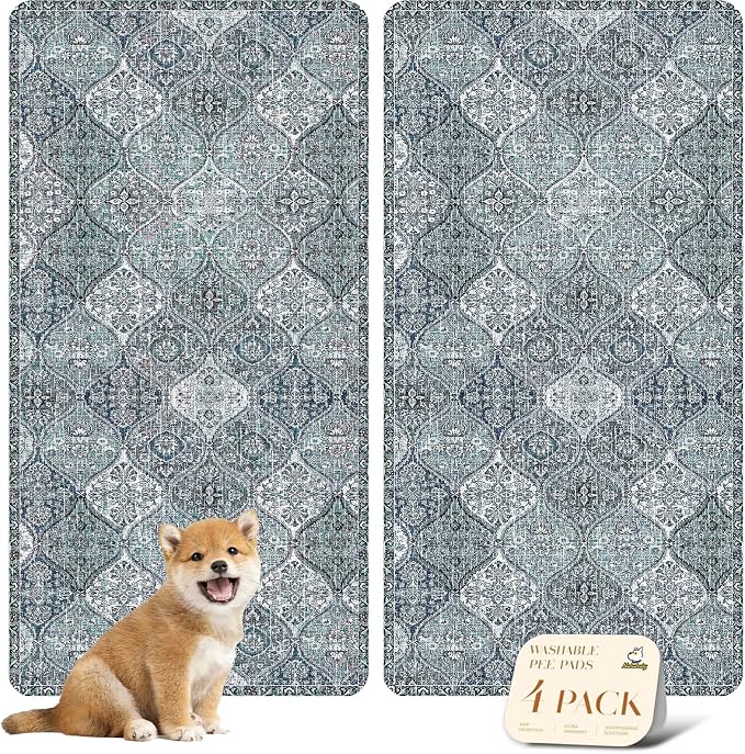 nunubaby 4PACK Washable Pee Pads for Dogs, Stylish, Non-Slip and Leak-Proof Pee Pads. Reusable Potty Pads for Dogs for Crates and Floors.(Blue/Multi,24" x48" ) by Nunubaby
