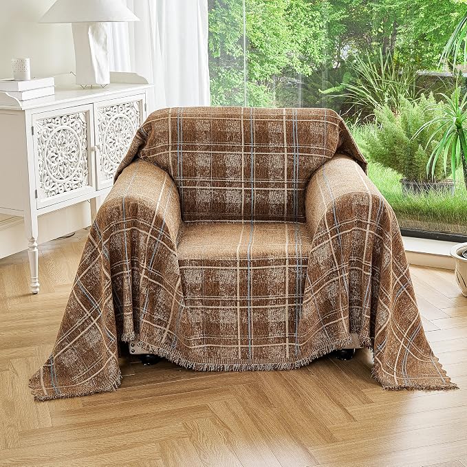 Couch Cover for Dogs Washable Sofa Cover, Sectional Couch Covers, Sofa Covers for 2 Cushion Couch, Non Slip Stripe Sofa Slipcovers Furniture Protector (Brown Checkered 91x71) by Unknown