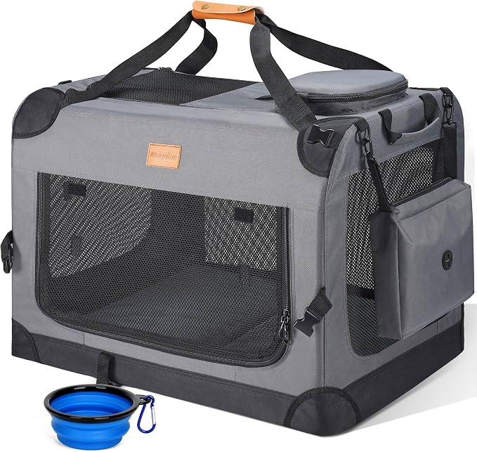 Morpilot 32-inch Portable Collapsible Dog Crate for Dogs up to 70lbs | Travel Dog Crate Soft-Sided for Medium Large Dogs, with Foldable Bowl, Shoulder Strap & Storage Pockets, Grey by Morpilot