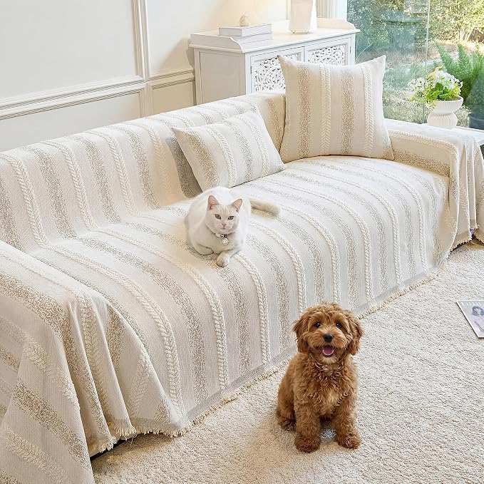 Couch Cover for Dogs Washable Sofa Cover, Sectional Couch Covers, Sofa Covers for 2 Cushion Couch, Non Slip Stripe Sofa Slipcovers Furniture Protector (Beige, 71x150) by Unknown